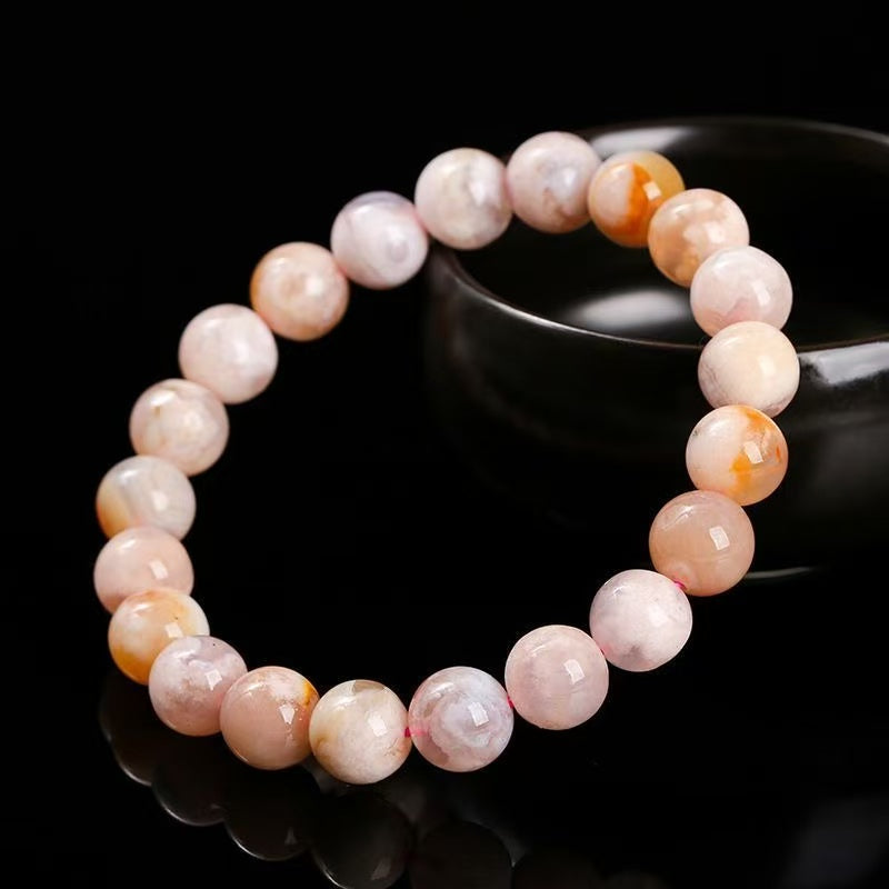 Natural Cherry Blossom Agate Bracelet, Pink Floral Pattern Gemstone Beaded Bracelet