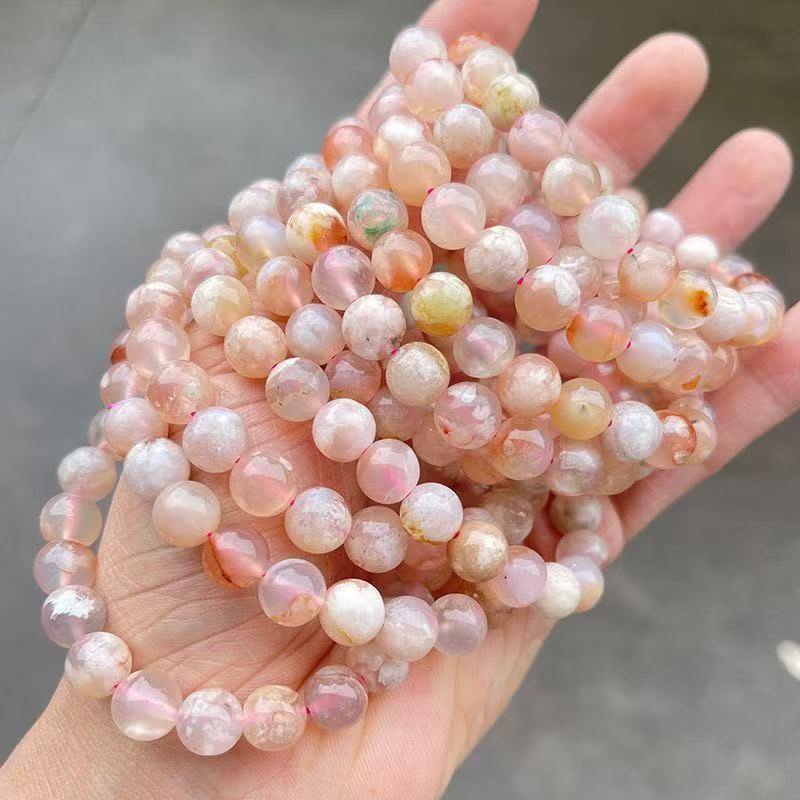Natural Cherry Blossom Agate Bracelet, Pink Floral Pattern Gemstone Beaded Bracelet