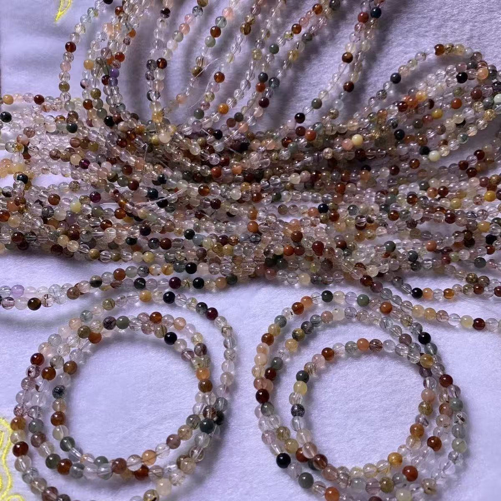 Mixed Gemstone Bracelet, Phantom & Rutilated Quartz Multi Crystal Beaded Bracelet