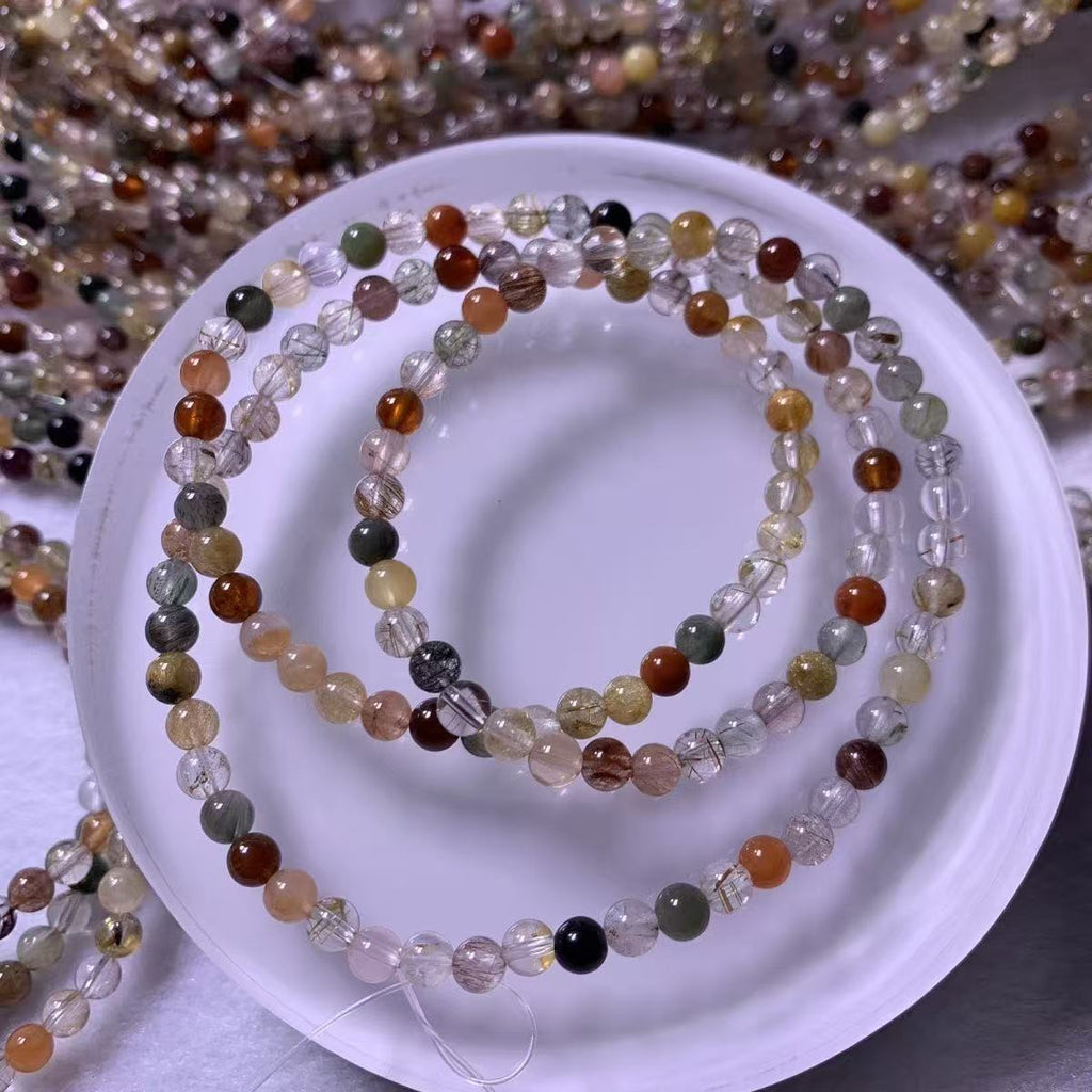 Mixed Gemstone Bracelet, Phantom & Rutilated Quartz Multi Crystal Beaded Bracelet