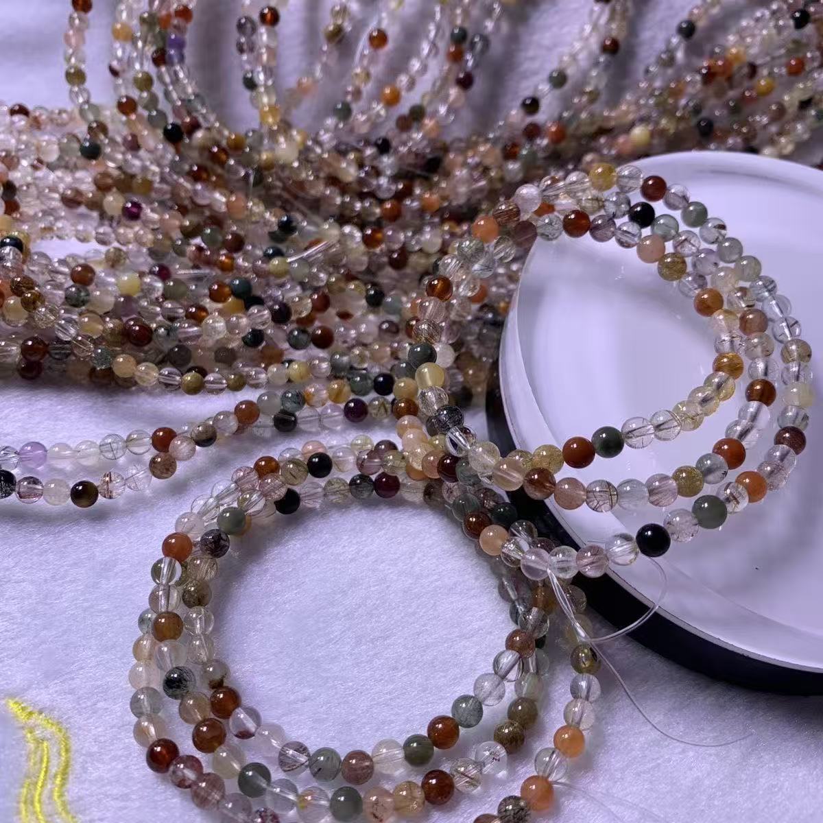 Mixed Gemstone Bracelet, Phantom & Rutilated Quartz Multi Crystal Beaded Bracelet