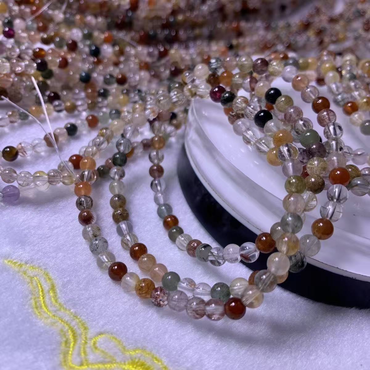 Mixed Gemstone Bracelet, Phantom & Rutilated Quartz Multi Crystal Beaded Bracelet